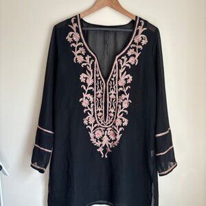 Black and Pink Embroidered Swimsuit Coverup